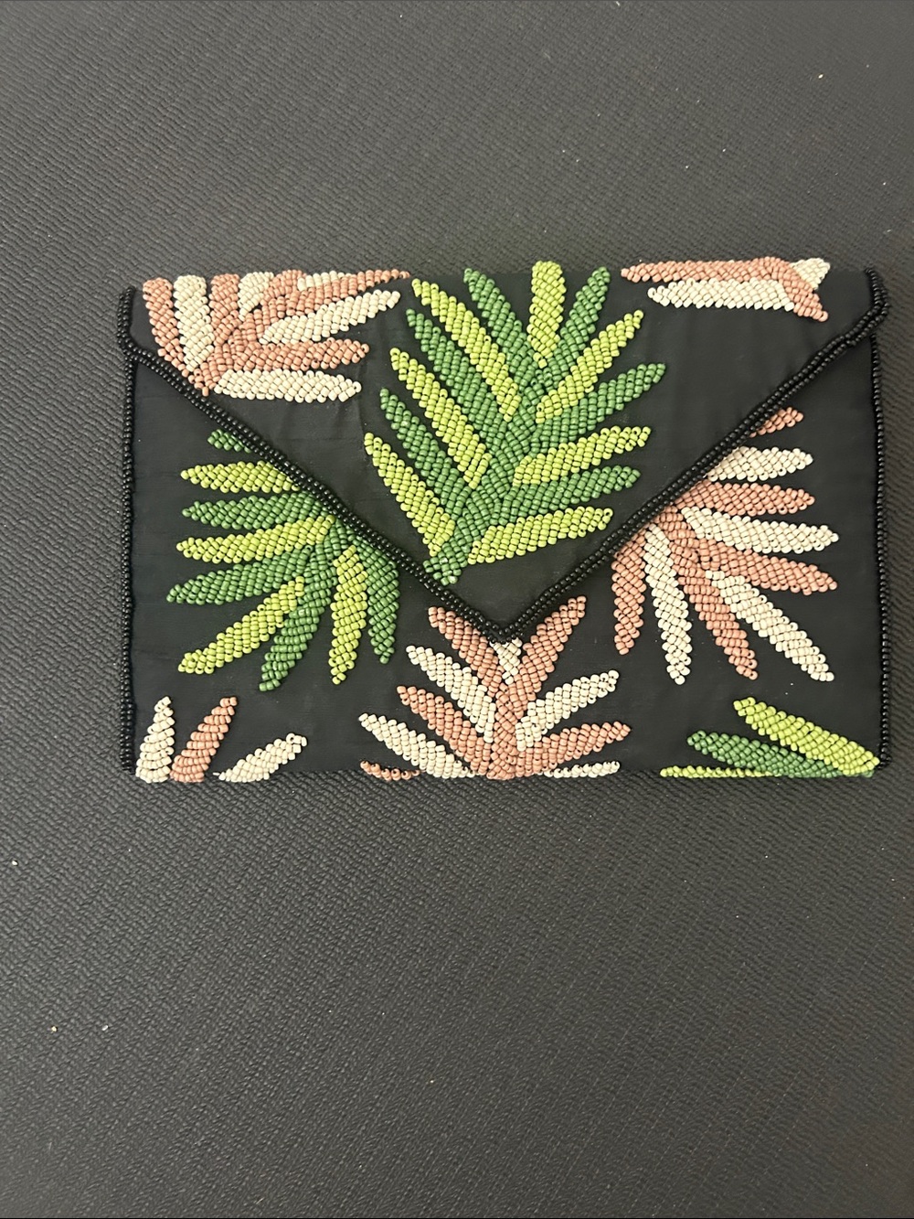St. XavierEmbellished Black Envelope Clutch with Green & Blush Beaded Palm Motif